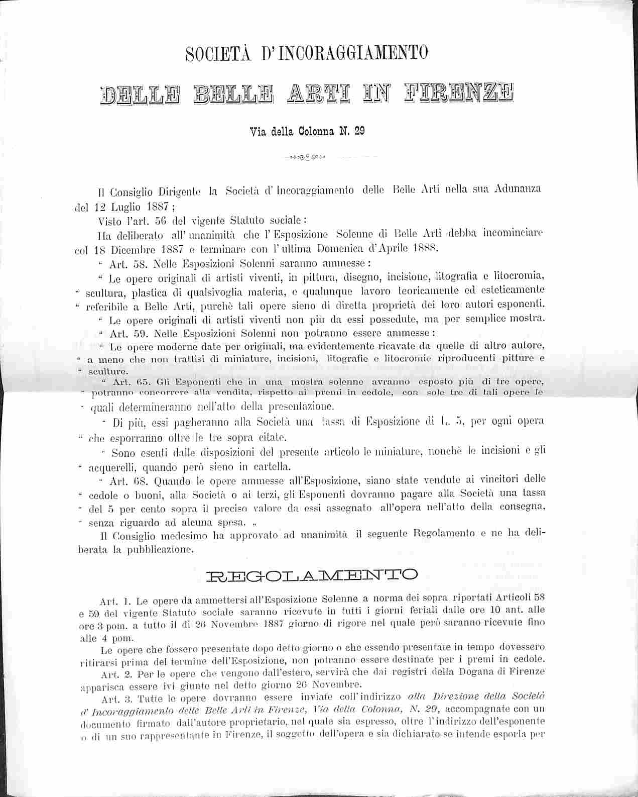 Società d'incoraggiamento delle Belle Arti in Firenze. Regolamento